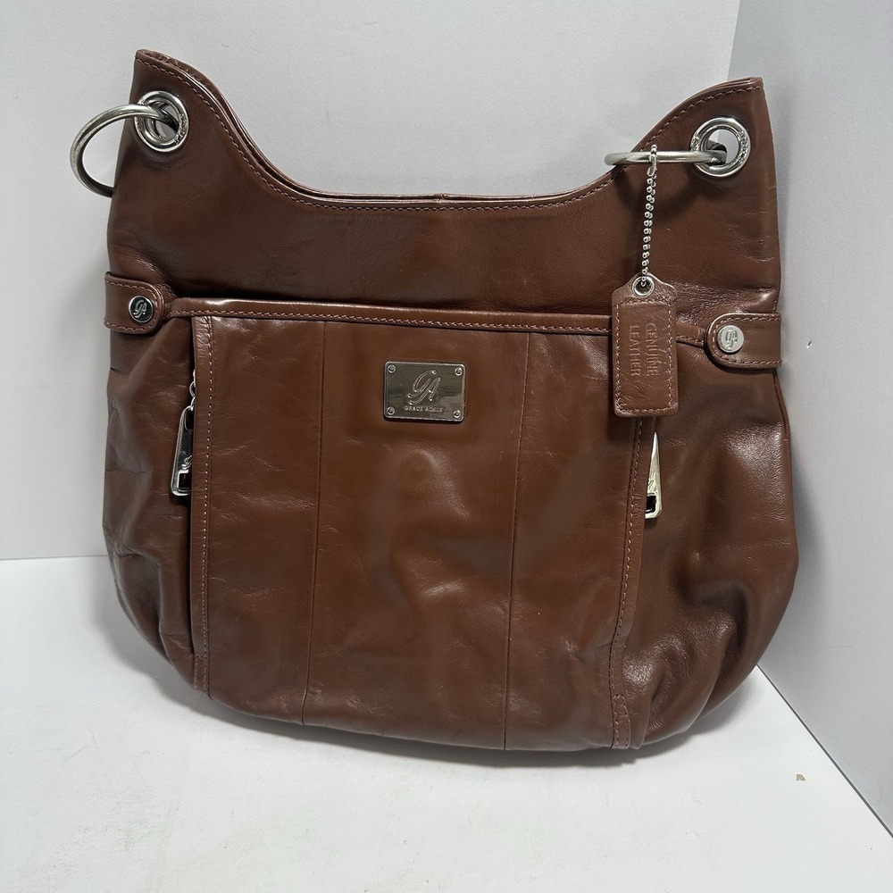 Grace Adele Leather Shoulder Hobo Bag‎ Brown Medium Size Silver Hardware